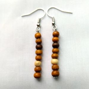 Brown Wood Beaded Dangle Artisan Earrings Silver Plated Hook Lightweight Natural